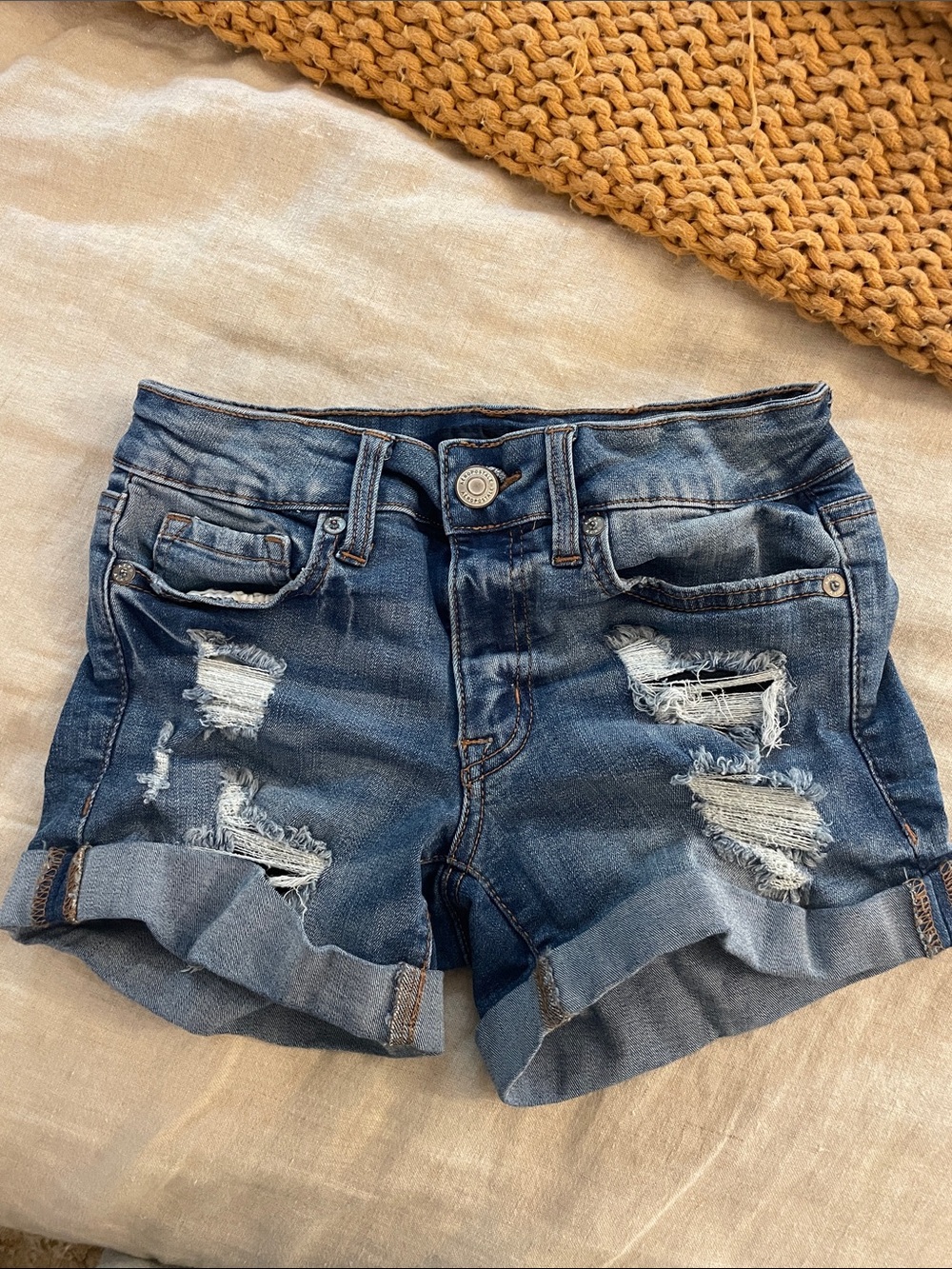 Aeropostale Blue Distressed Rolled-Hem Denim Shorts